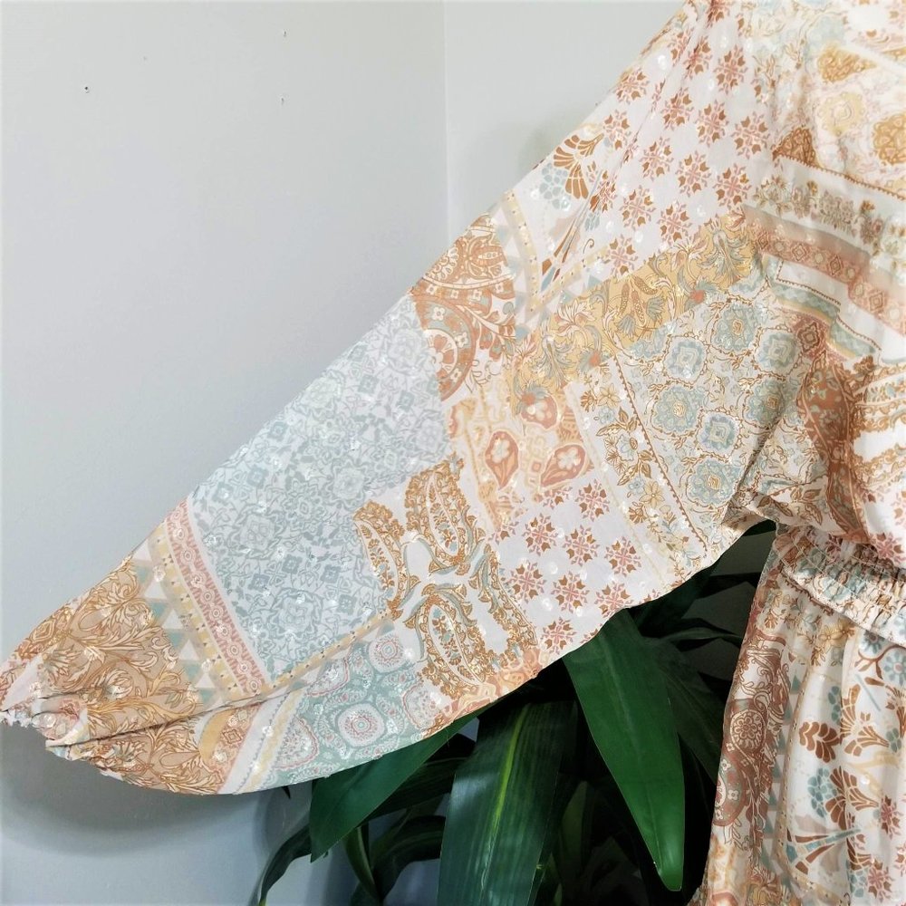 Dress. Aqua Tan Cream Gold. Paisley Floral Print. Peach Love Brand. Size L. NWT. - Picture 4 of 13